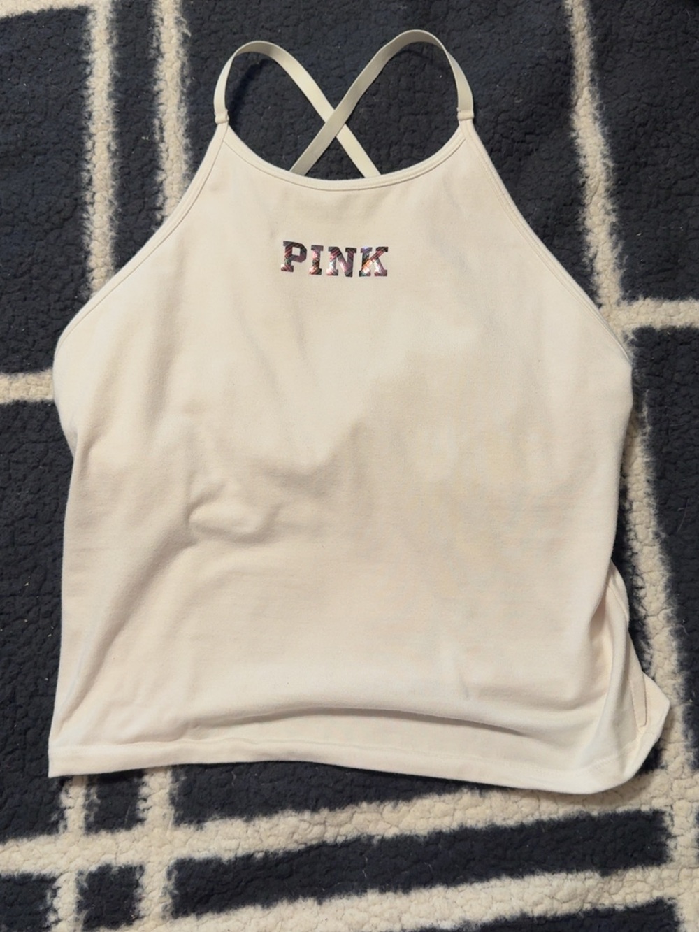 PINK Victoria's Secret Cream Halter Tank with Sequin Logo